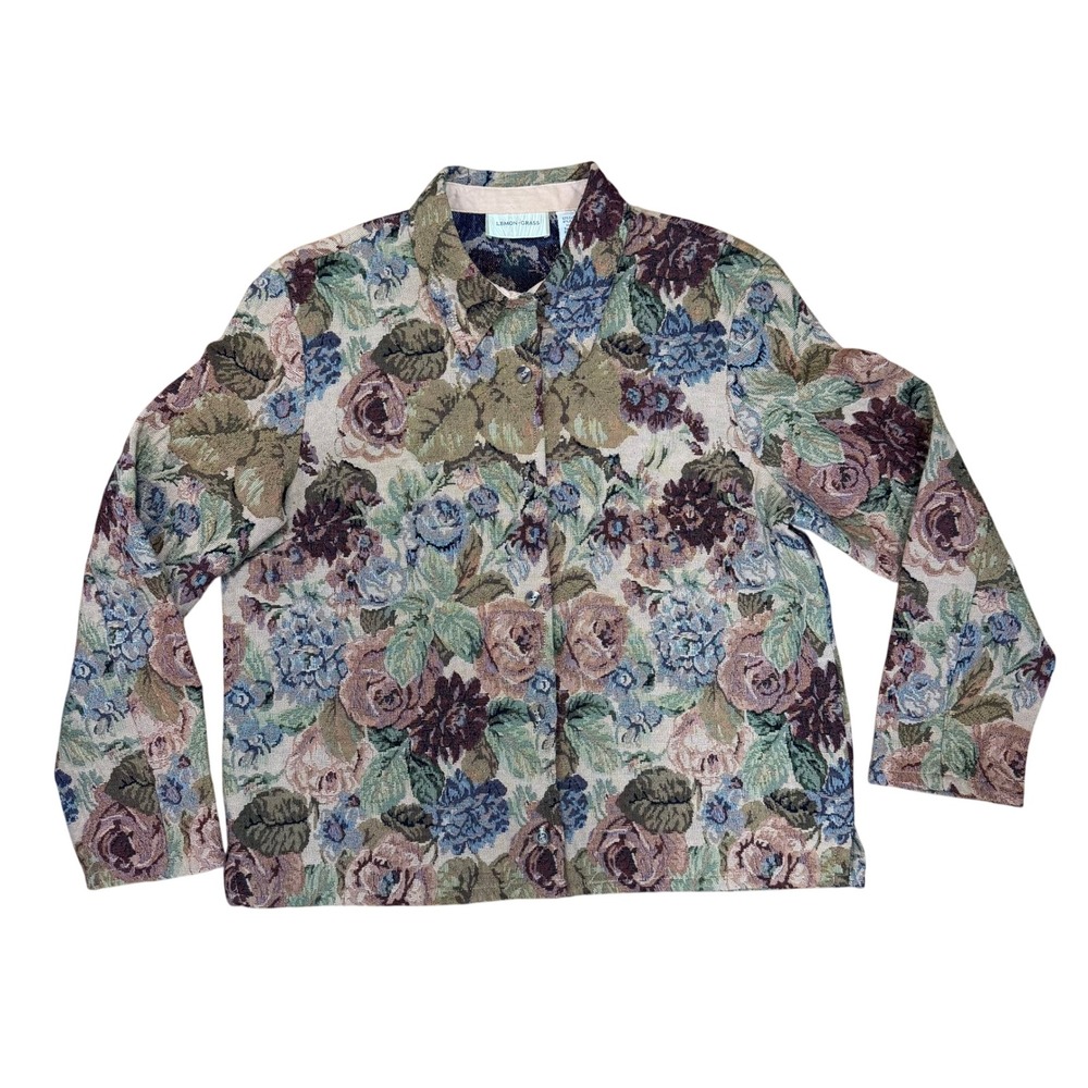 Lemon Grass Vintage Floral Tapestry Womens Button Up Jacket Multicolor Boho